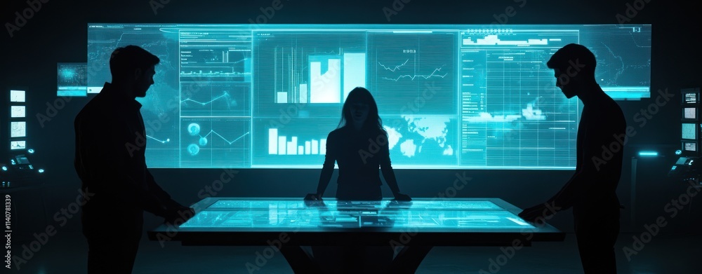 Poster A group analyzing data on a futuristic touchscreen interface in a dark environment.