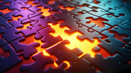 A puzzle with missing pieces, but the remaining pieces glowing and shifting to fill the gaps, representing a flexible and adaptable contingency plan. Chasm. Illustration