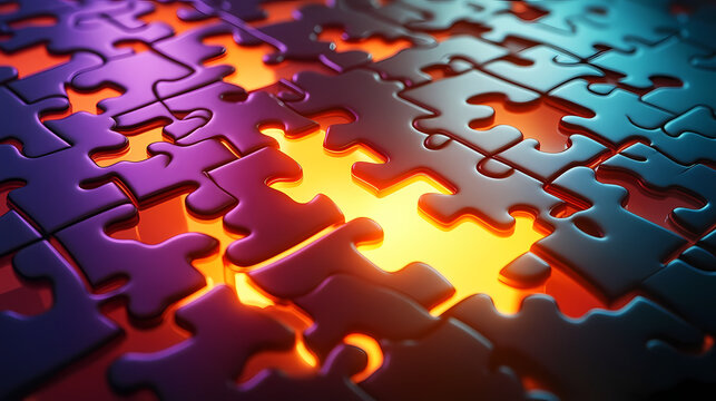 A puzzle with missing pieces, but the remaining pieces glowing and shifting to fill the gaps, representing a flexible and adaptable contingency plan. Chasm. Illustration