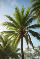 Fototapeta premium Green branches of a tall palm tree swaying gently in the wind, plant details, soothing atmosphere