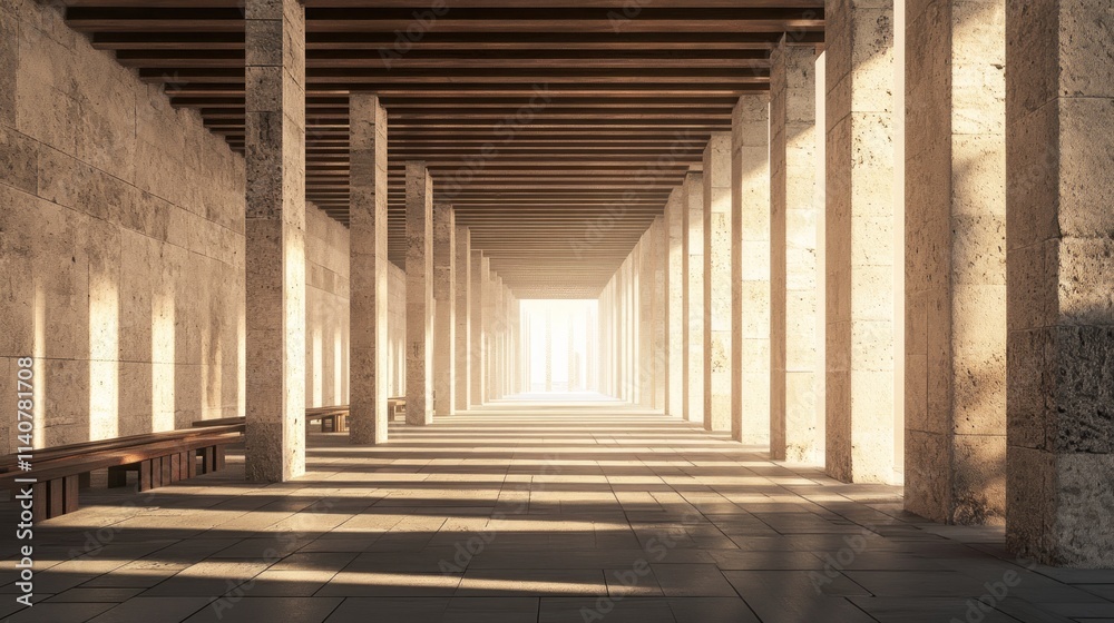 Poster a serene corridor illuminated by natural light, showcasing architectural columns and benches.