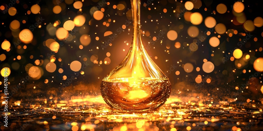Poster bottle of oil is on a table with a lot of sparkles