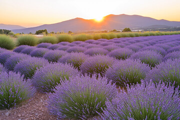 Fototapeta premium Lavender fields at sunrise with mountain view landscape