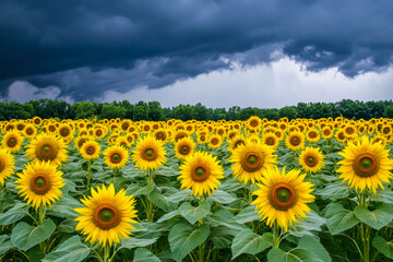 Fototapeta premium Sunflower field under dramatic stormy skies