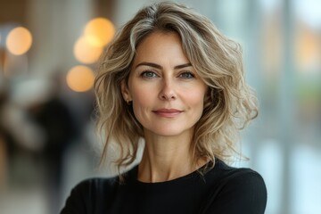 Obraz premium Realistic portrait of a 50-year-old businesswoman in a modern office setting, highlighting experience and expertise.