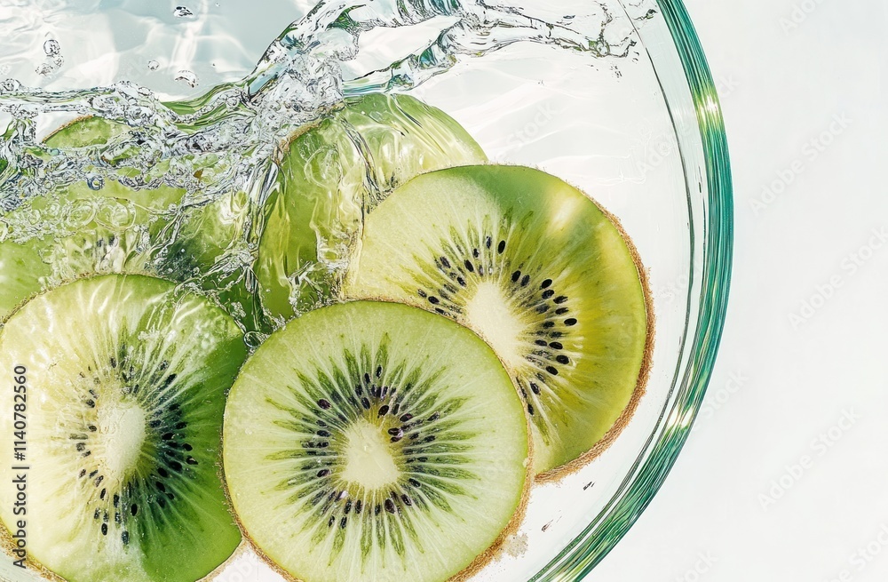 Poster slices of kiwi submerged in water, creating a refreshing visual effect.