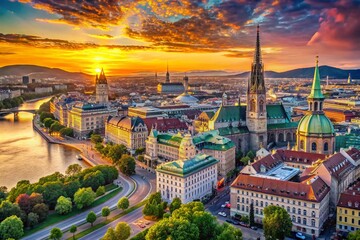 Obraz premium Vienna Panorama: Stunning Cityscape, Austrian Capital, Danube River, Historic Architecture, Imperial Palace, Breathtaking Views