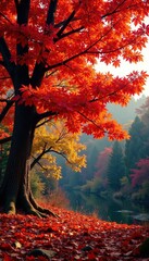 Foliage in autumn colors with a prominent red tree as foreground, autumn landscape, forest floor