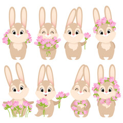 Set of cute Easter bunnies with pink flowers