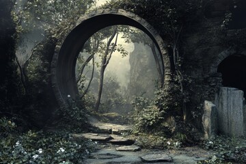 Fototapeta premium Enchanted Forest Gateway: Mystical Stone Archway Leading to a Path Through Lush Greenery.