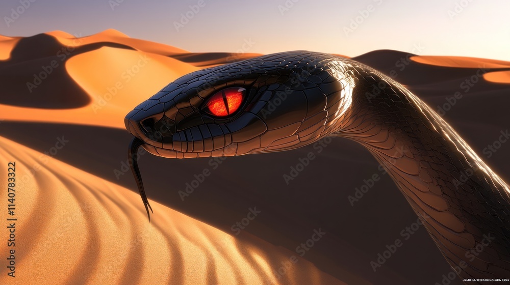 Poster a close-up of a snake with striking red eyes in a desert landscape.