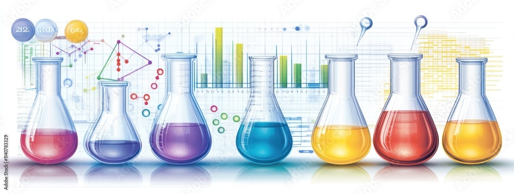 Leinwandbilder A colorful array of laboratory flasks with scientific data and graphs in the background.