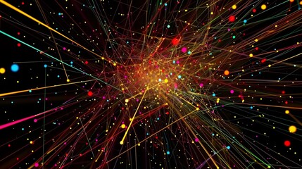 Plexus of abstract multicolored geometrical lines with moving triangles and dots on a black background. Loop animations