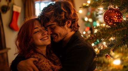 A happy young couple in an affectionate embrace, celebrating Christmas while decorating the tree, capturing love, joy, and holiday spirit in a festive setting.

