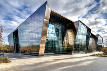Obraz premium Modern angular glass building with reflective facade in urban setting