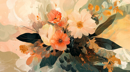 light soft floral abstract background with soft and pastel watercolor stains, Luxurious and soft color Watercolor Floral Art with Beautiful Bouquet, Vibrant watercolor petals and leaves patterns.