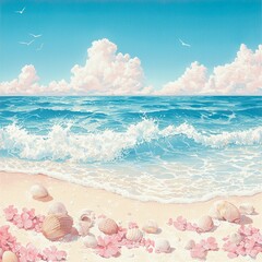 Fototapeta premium A serene beach scene with seashells and pink flowers by the ocean.