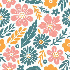 Seamless flowers pattern, Hand-drawn botanical  element, Vector illustration, Doodle floral colorful pattern background. © Riva