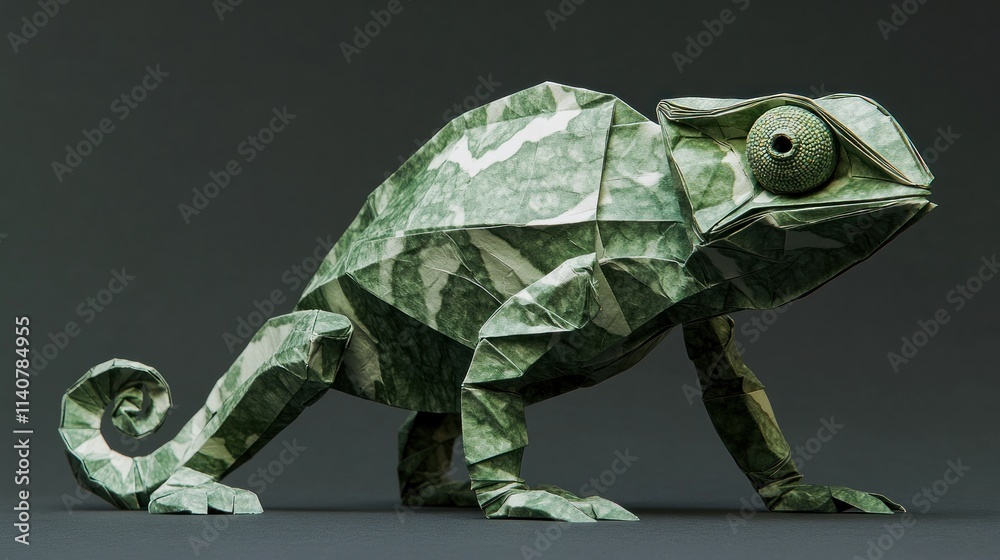 Poster a detailed origami chameleon crafted from patterned paper, showcasing intricate folds and textures.