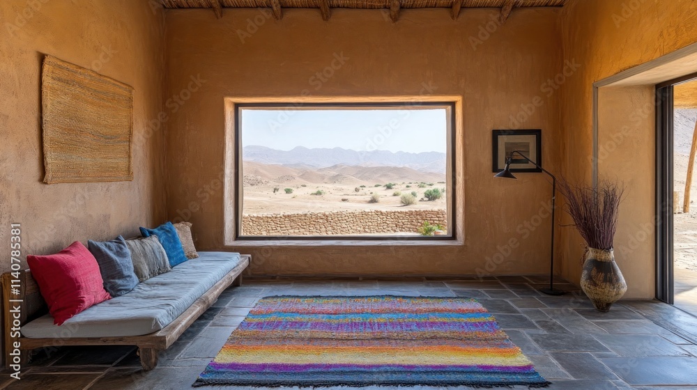 Poster a cozy interior with a view of a desert landscape through a large window.