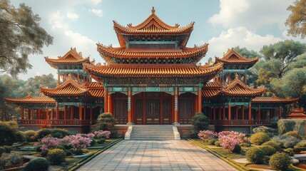 Fototapeta premium Ornate Chinese temple, serene garden setting.