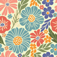 Seamless flowers pattern, Hand-drawn botanical  element, Vector illustration, Doodle floral colorful pattern background.