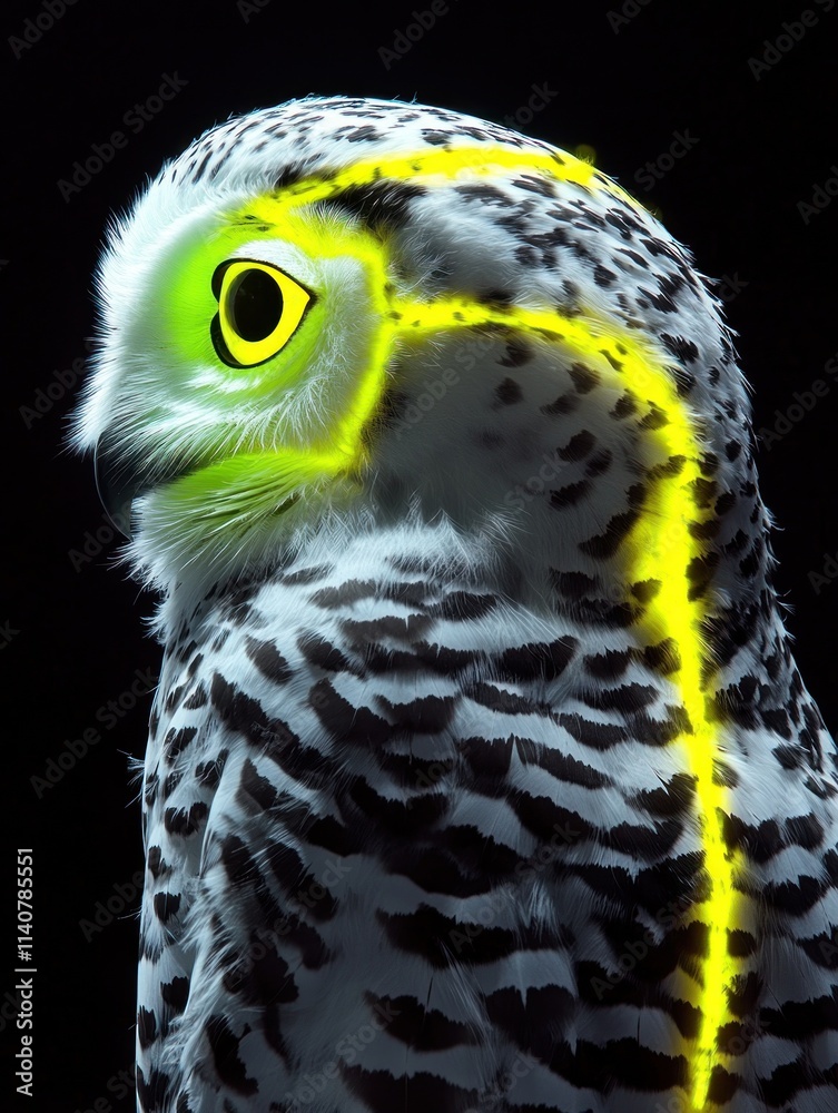Poster a stylized owl portrait with vibrant highlights emphasizing its features.