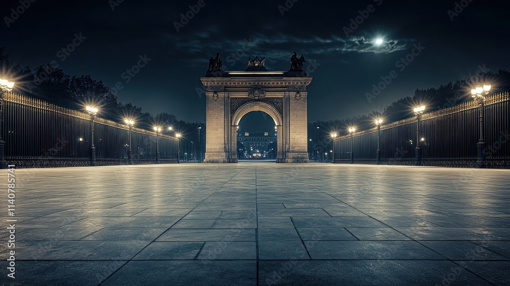 Aufkleber a night view of a grand archway illuminated by streetlights under a cloudy sky.