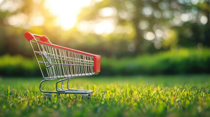 Empty shopping cart on green grass during sunset, symbolizing eco-friendly shopping and consumerism in natural surroundings, modern retail concept