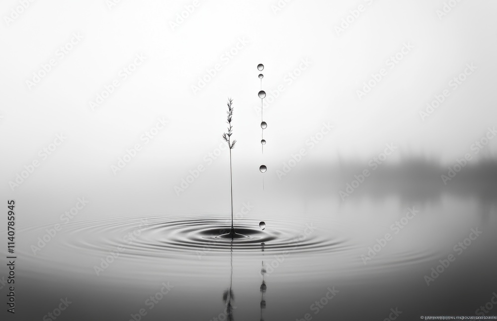 Poster A drop of water falls into the lake, creating ripples that spread out from its impact point. The background is white and foggy, with a black and gray color scheme.