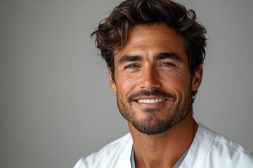 Obraz premium Smiling male nurse in white uniform, blending warmth, professionalism, and care for branding or informational visuals.