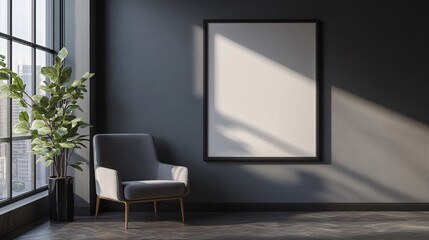 Modern gray chair beside a blank wall, illuminated by natural light from large windows, creating a serene indoor atmosphere.