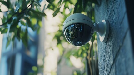 Naklejka premium A modern security camera mounted on a wall, surrounded by greenery, blending technology with nature.