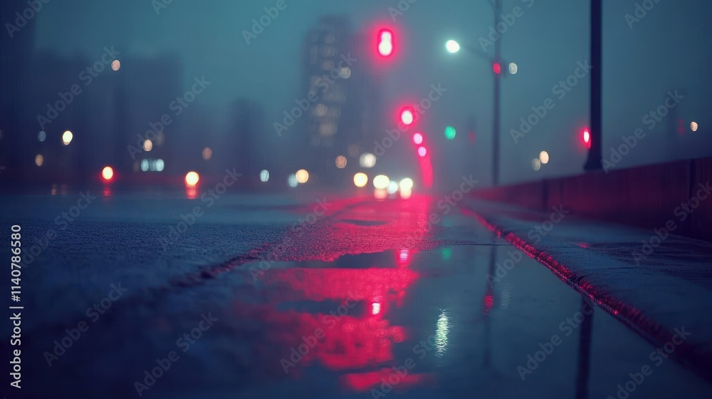 Aufkleber a moody urban scene with reflections on a wet street illuminated by red traffic lights.