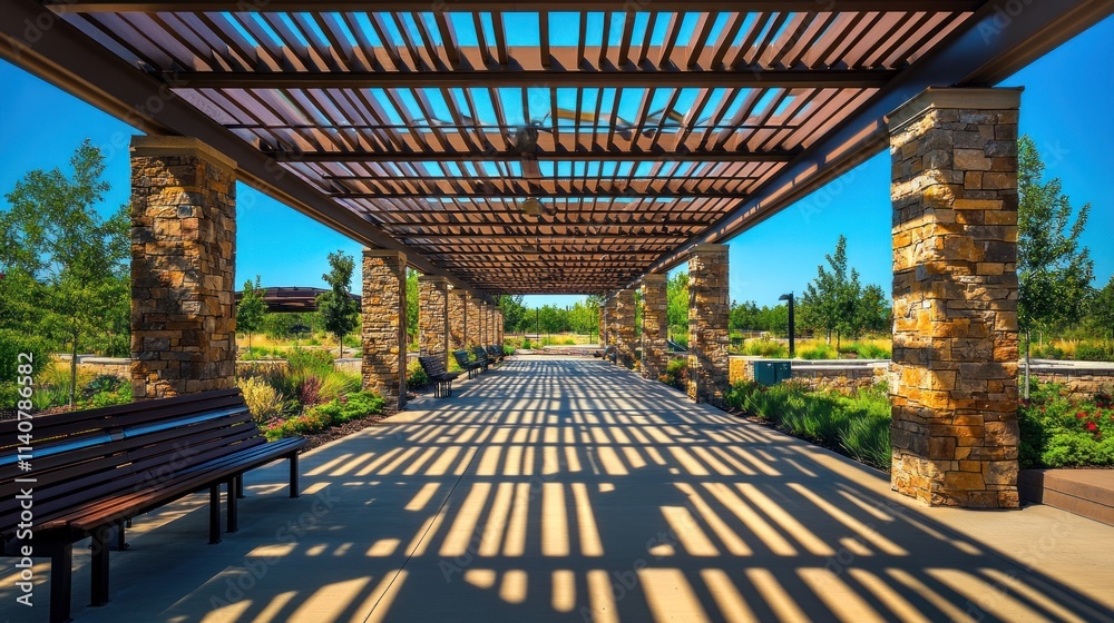 Poster a serene walkway with stone columns and benches, creating a shaded outdoor space.