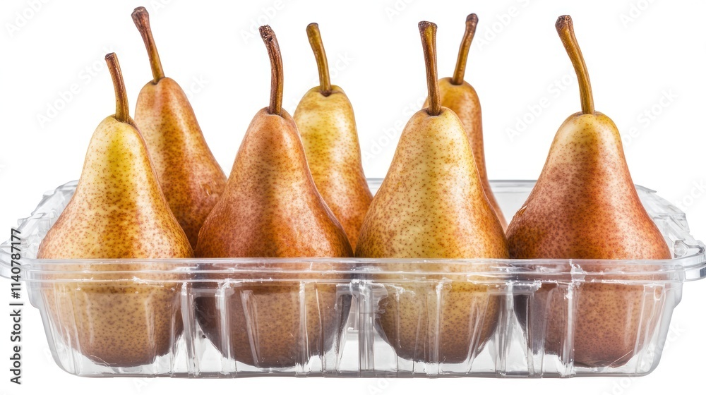 Aufkleber A clear plastic container holds eight ripe pears arranged neatly.