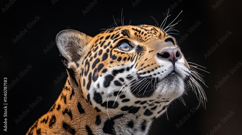 Poster A close-up of a jaguar looking upwards, showcasing its distinct fur patterns and features.