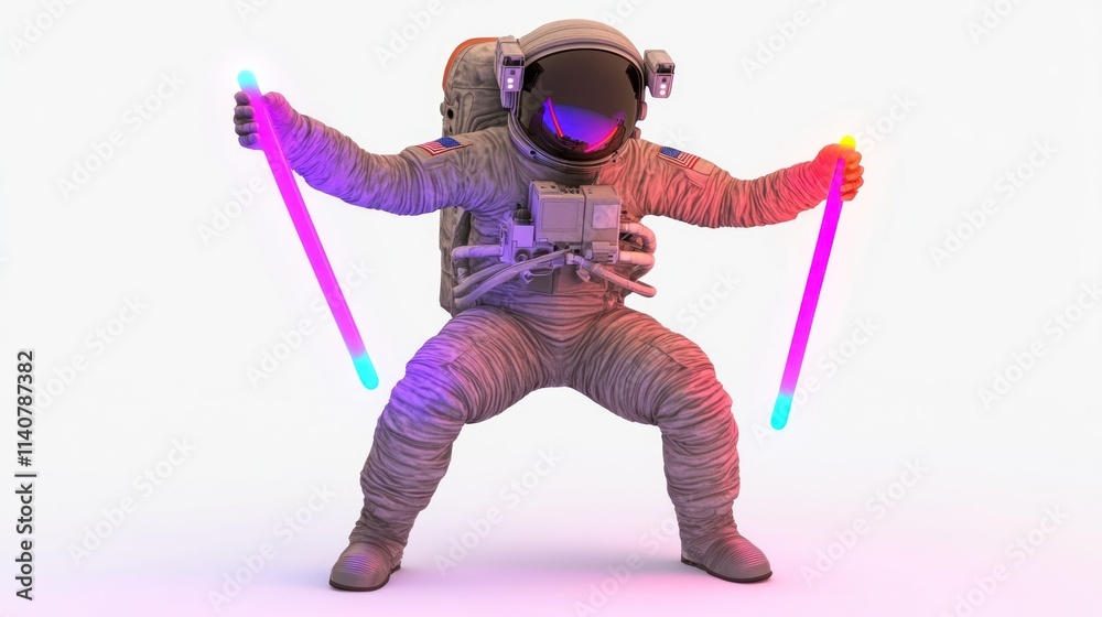 Poster an astronaut in a dynamic pose, holding glowing sticks in a vibrant, futuristic setting.