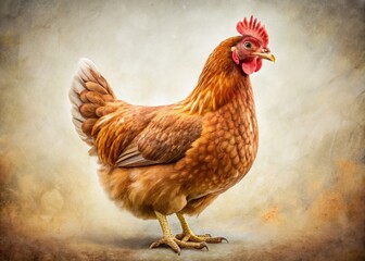 Fototapeta premium Vintage Brown Hen Photo, Isolated White Background, Rustic Farm Bird Image, Poultry Stock Photography