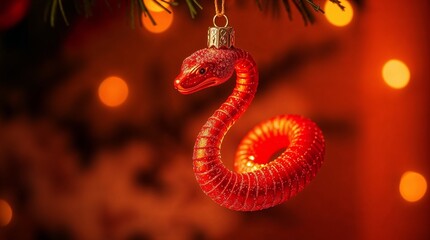 Obraz premium Red snake-shaped Christmas ornament hanging on a pine branch with festive bokeh lights