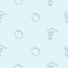 Simple black and white seamless pattern with apple and measuring tape. Vector editable background for sport, fitness, gym and healthy lifestyle. Hand drawn design for decoration, wrapping paper, print