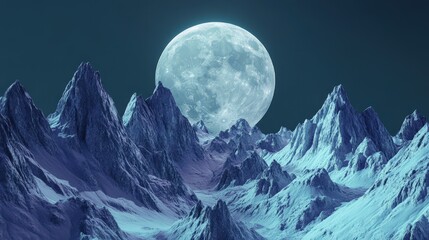 A luminous full moon emerging from behind a row of jagged mountain peaks, bathing the landscape in silver