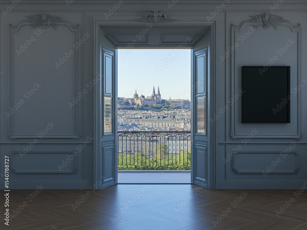 Poster a serene view from an elegant room, showcasing a cityscape through an open door.