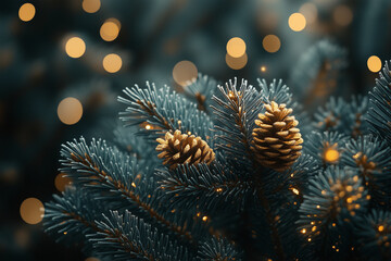 A macro shot of frost-covered greenery with golden glitter accents.