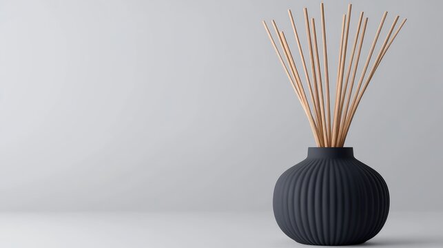 Black matte ceramic diffuser with sleek reed sticks adds a touch of boho elegance against a dark grey backdrop, creating a calming atmosphere