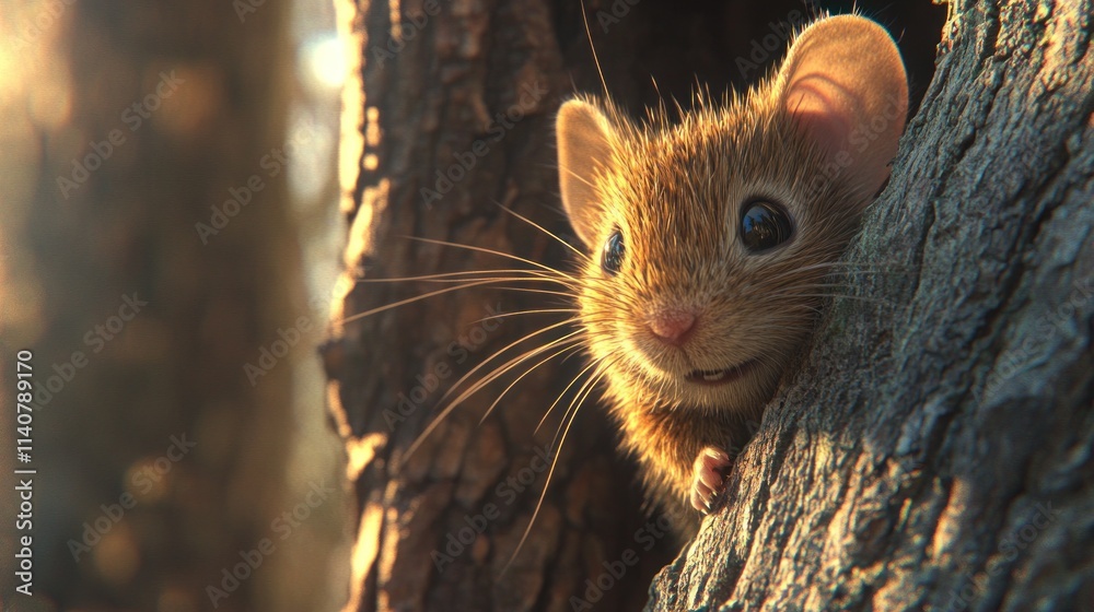 Poster a cute mouse peeks from behind a tree, showcasing its playful expression in a natural setting.