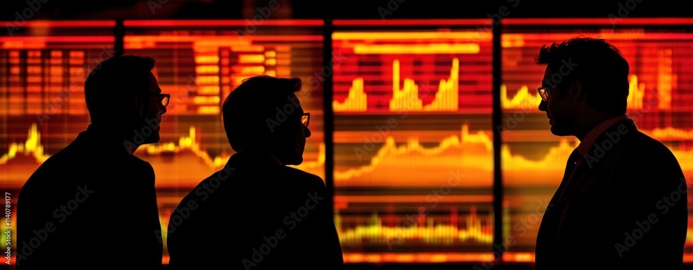 Poster silhouettes of people in front of a vibrant financial data display.