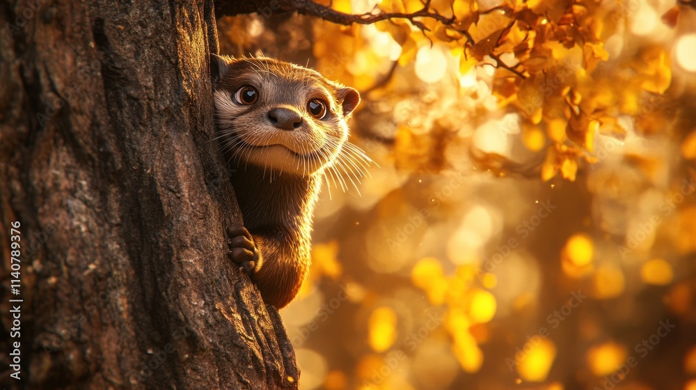 Poster a cute otter peeks from behind a tree, surrounded by autumn leaves and soft golden light.