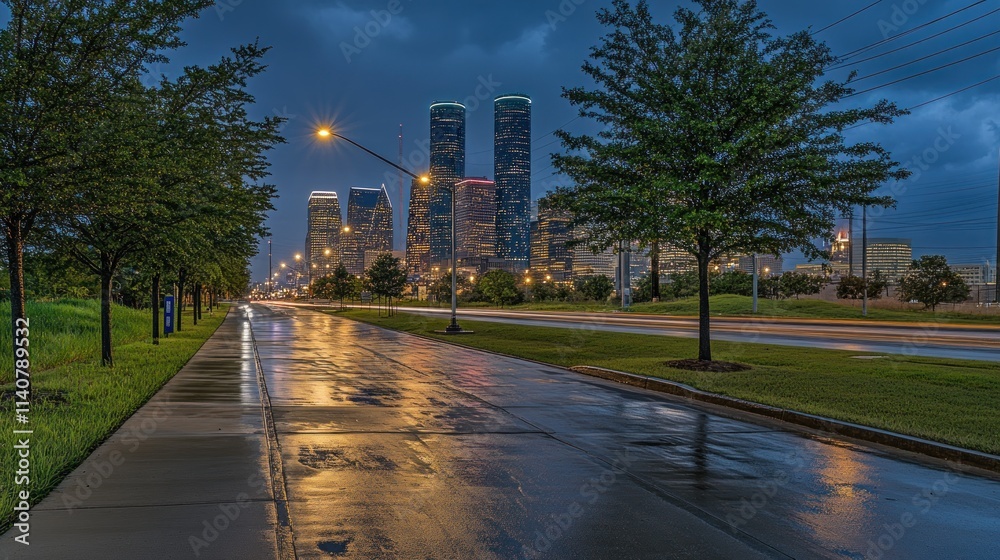 Poster A rainy urban scene with skyscrapers reflecting on wet pavement under a moody sky.