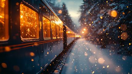 Vintage train traveling through a snowy winter night with glowing warm lights, snowflakes, and soft bokeh effects, serene nostalgic railway journey under a dark evening sky